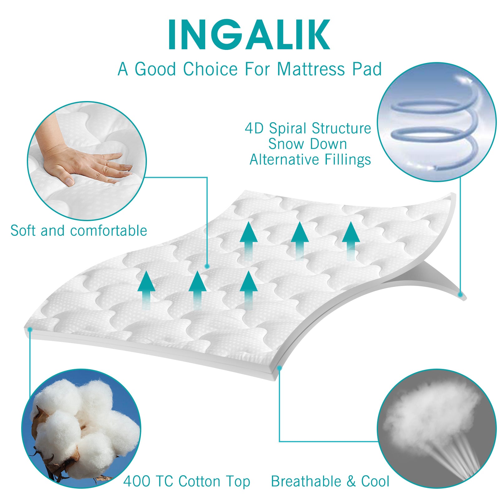 INGALIK Queen Mattress Topper, Extra Thick Cooling Mattress Pad