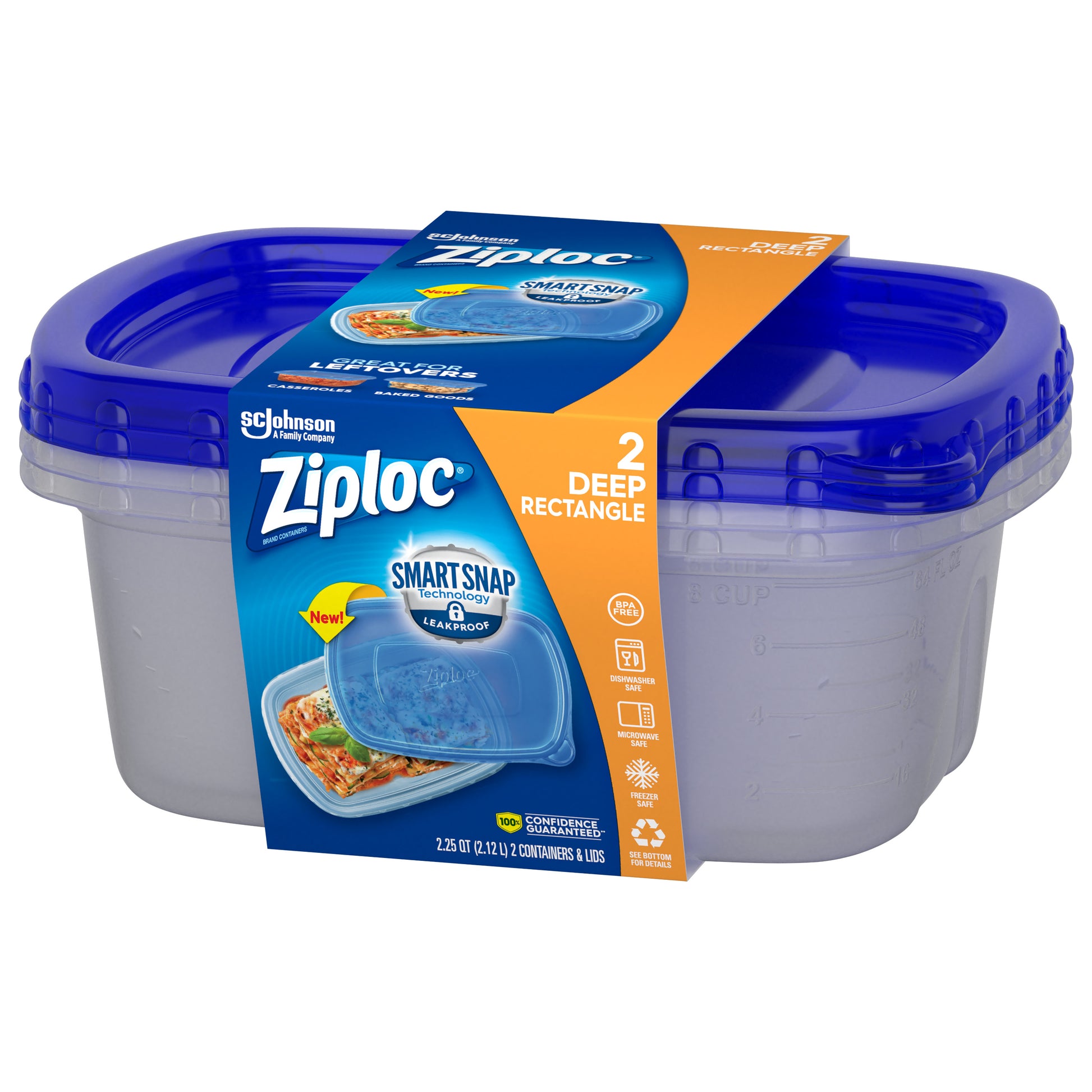 Ziploc Food Storage Meal Prep Containers Reusable For Kitchen Organization,  Smart Snap Technology, Dishwasher Safe, Deep Rectangle, 2 Count, 2.12 L 