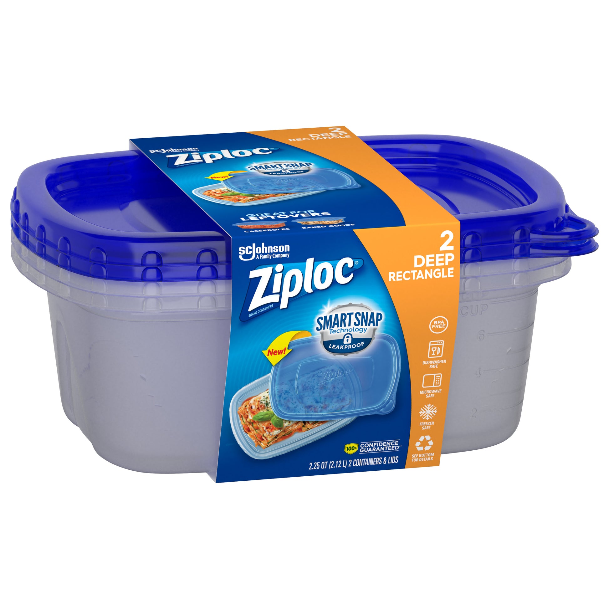 Ziploc Food Storage Meal Prep Containers Reusable For Kitchen Organization,  Smart Snap Technology, Dishwasher Safe, Deep Rectangle, 2 Count, 2.12 L 